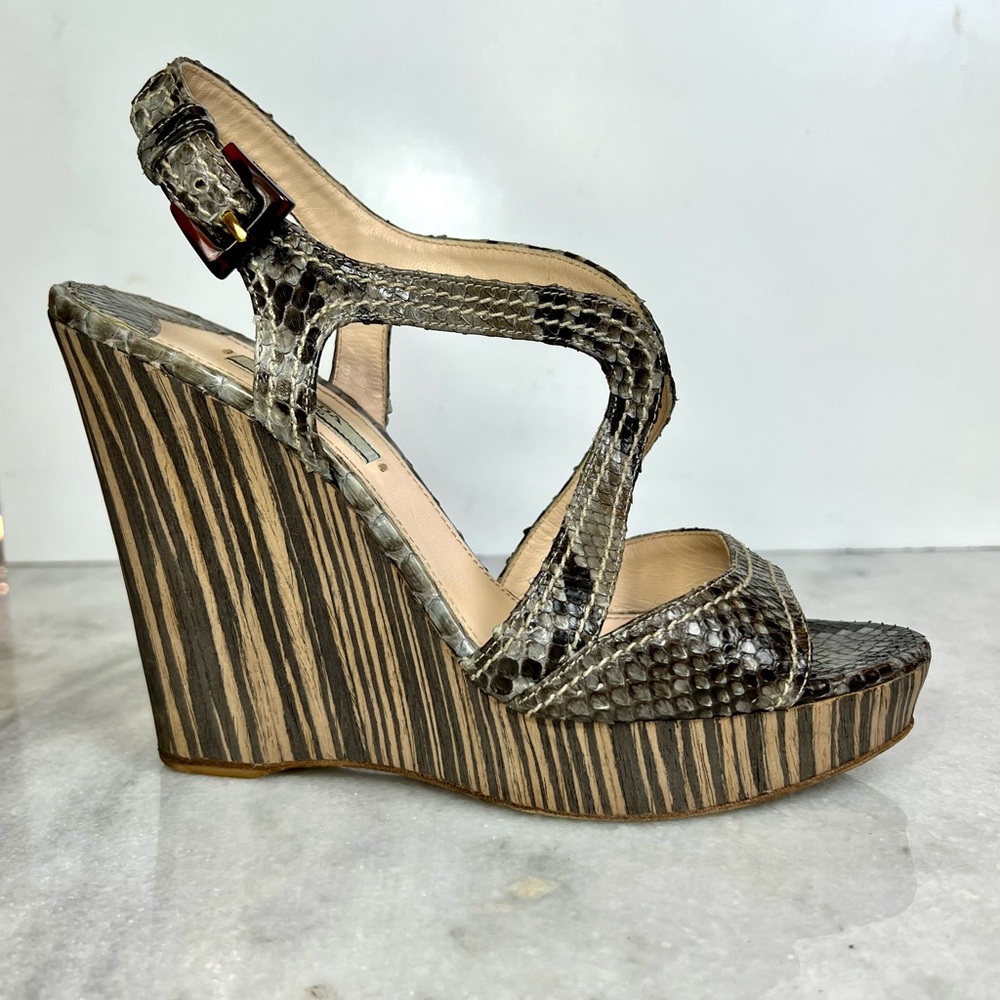 Prada Snakeskin Striped Wooden Heel Wedge Sandal